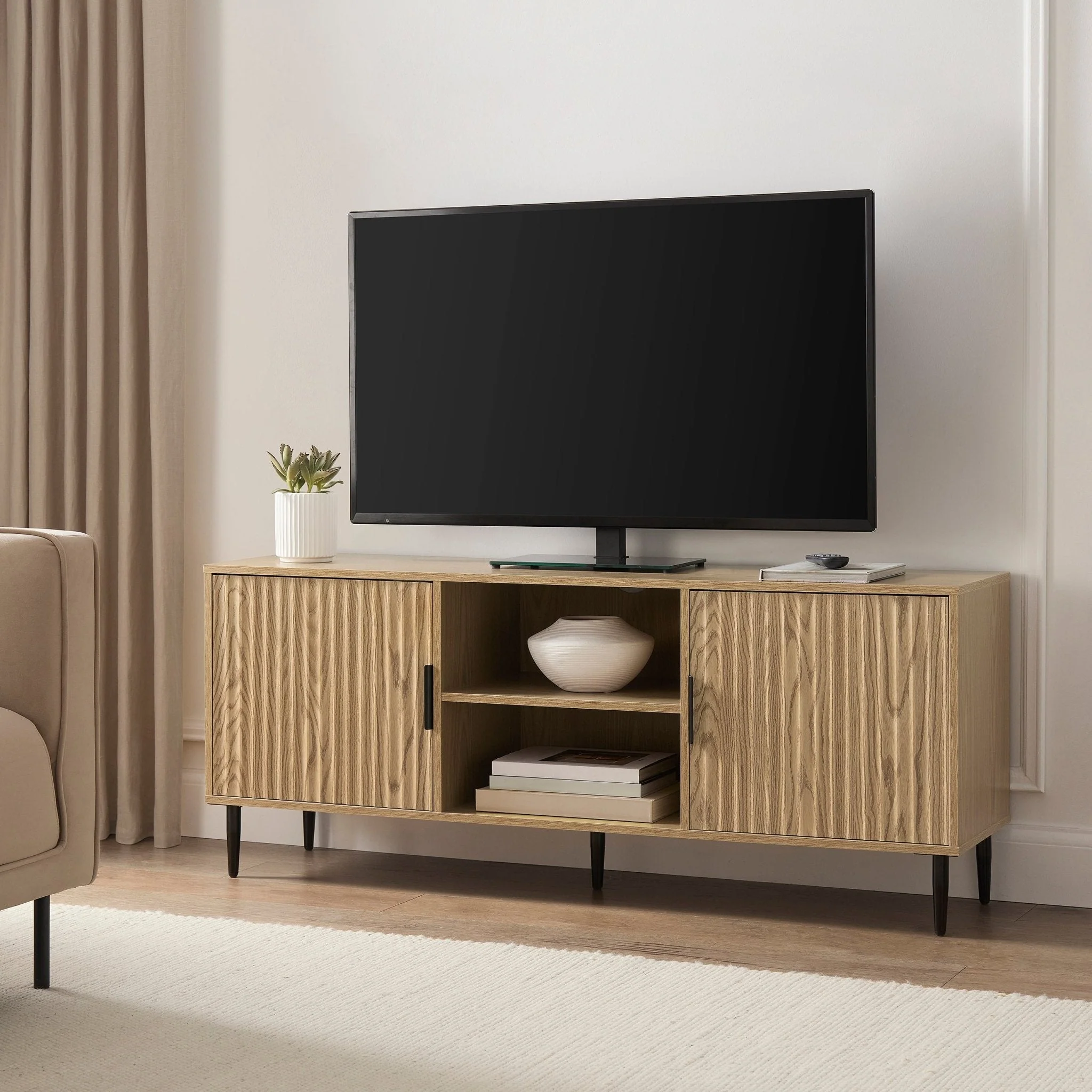 Modern Wood Effect TV Unit with Gold Accents for TVs up to 65 Inch for Living Room