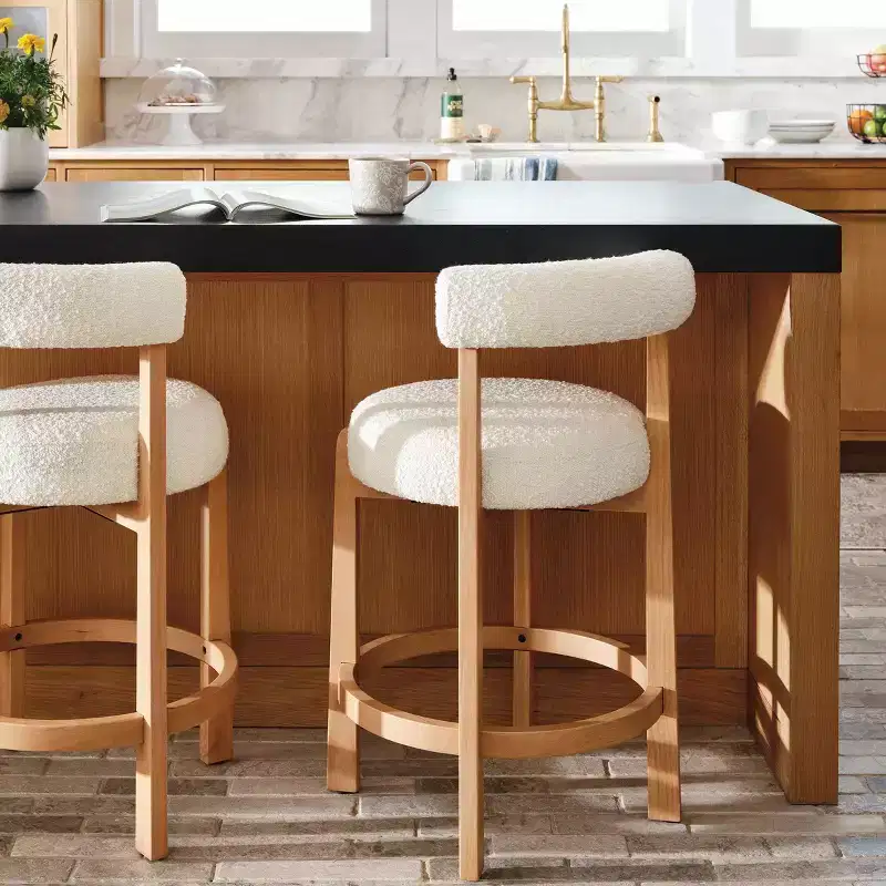 25.5 Sculptural Upholstered and Wood Boucle Counter Height Barstool with Footrest Cream - Threshold™