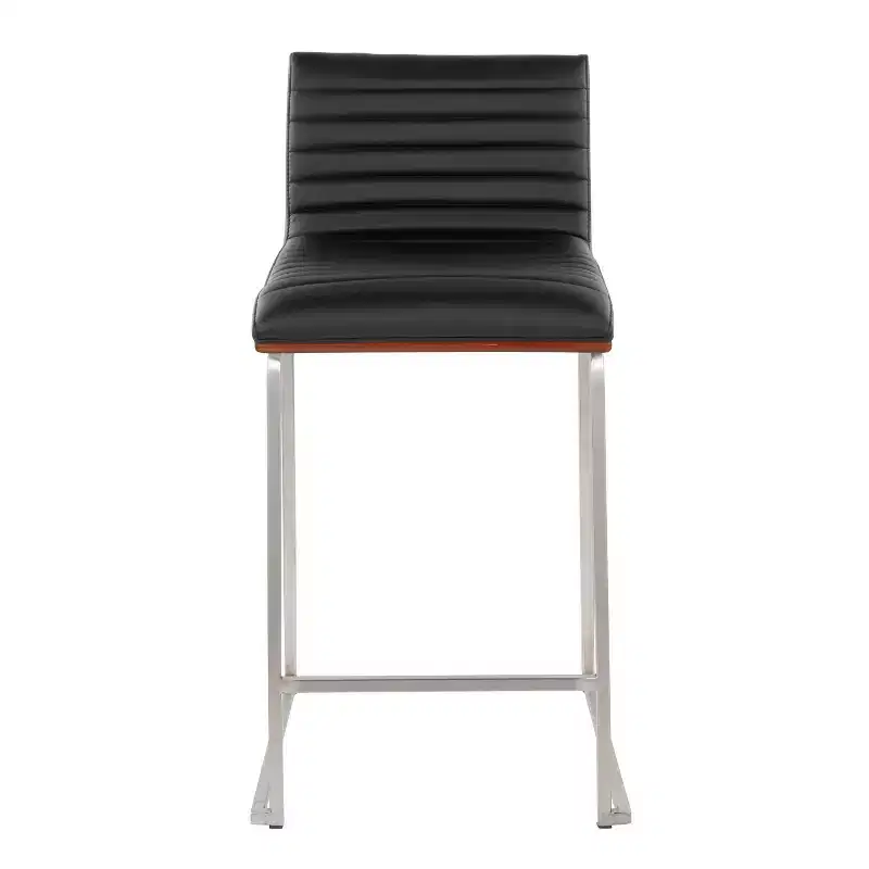Counter Height Barstools Set of 2 Walnut Wood Back Black Faux Leather Stainless Steel