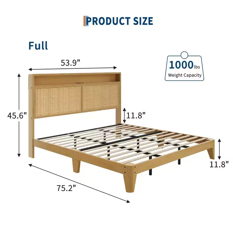 Rattan Bed Frame,Bed Frame with 2 Tier Storage Headboard, Sturdy Wooden Slats Support, Under Bed Storage, No Box Spring Needed
