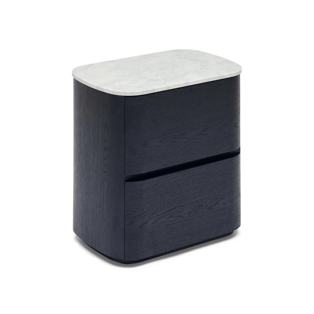 Black oak Marble Bedside Table with Soft Close and Storage for Bedroom