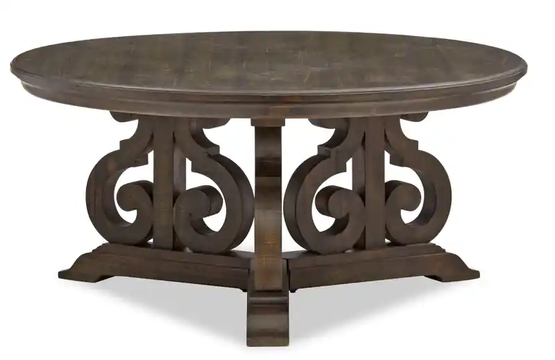 40 Traditional Round Coffee Table - Dark Brown Pine with Scroll Design Wood Base