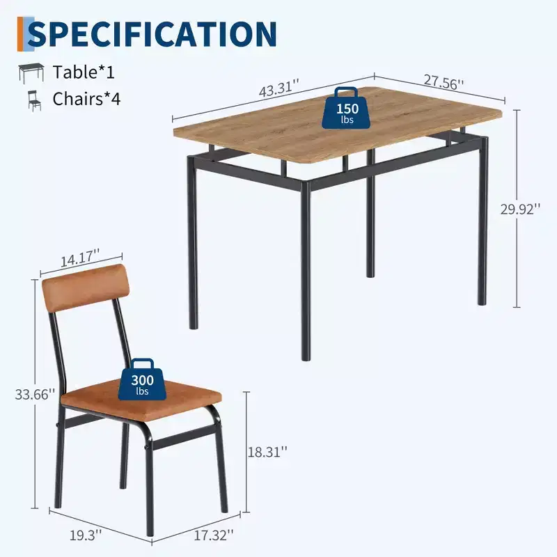 5 Piece Dining Table Set, with 4 PU Upholstered Chair
