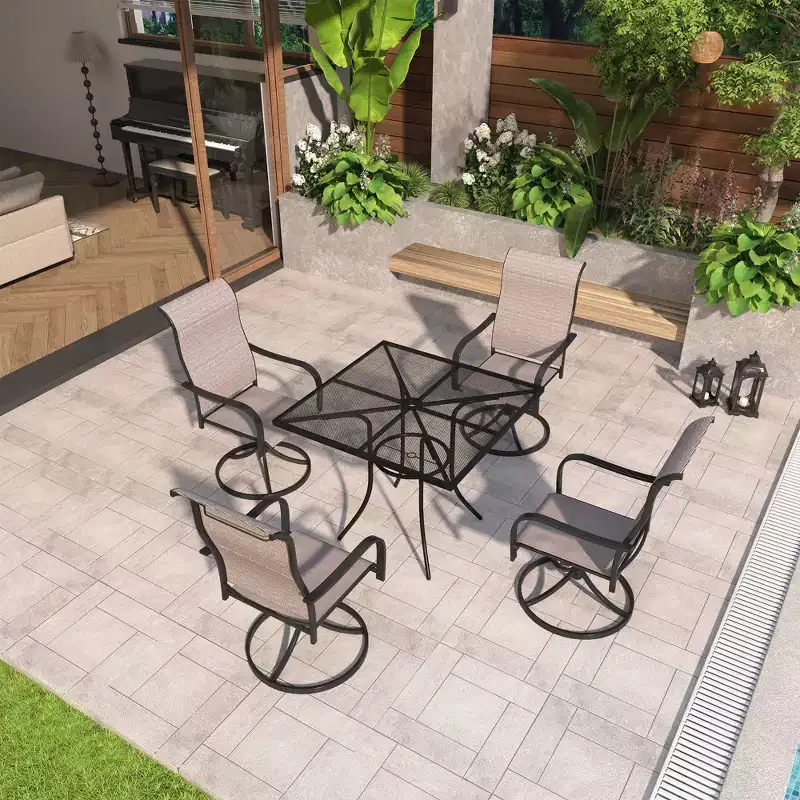 Mondawe 5-Piece Outdoor Dining Set With 4 Swivel Chairs & 1 Steel Mesh Umbrella Hole Table