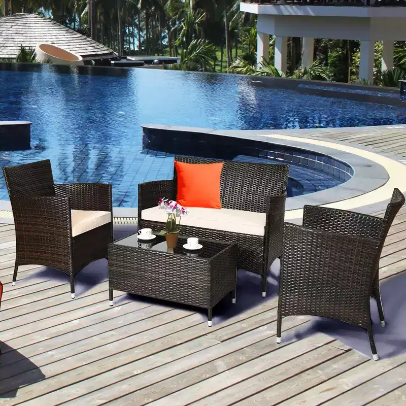 Costway 8PCS Patio Wicker Furniture Set Sofa Chair with Brown & Red Cushion Covers Garden