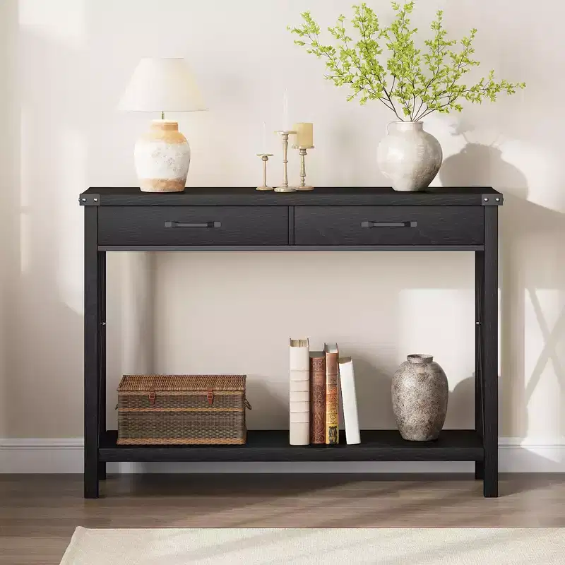 Farmhouse Console Table 2-Tier with Drawers for Hallway or Living Room, MDF & Wood Legs, 43x12x31 in