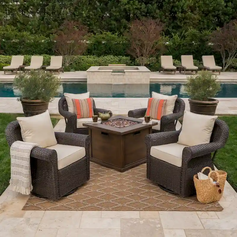 Venti Outdoor 4-piece Wicker Aluminum Swivel Club Chair Set with Square Firepit by Christopher Knight Home