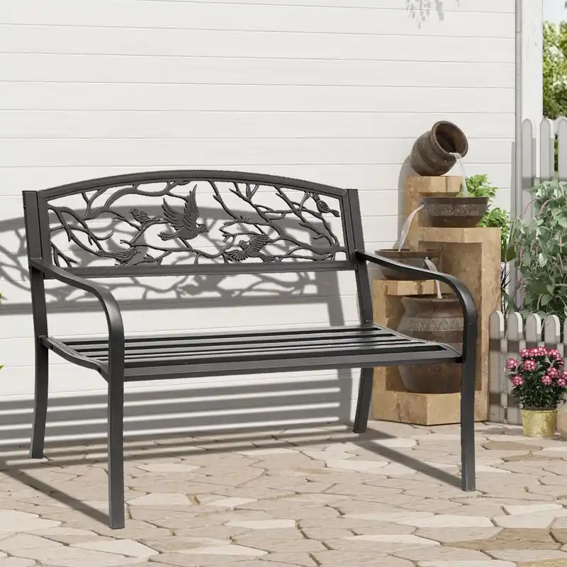50 Outdoor Metal Garden Bench With Vintage Bird Pattern