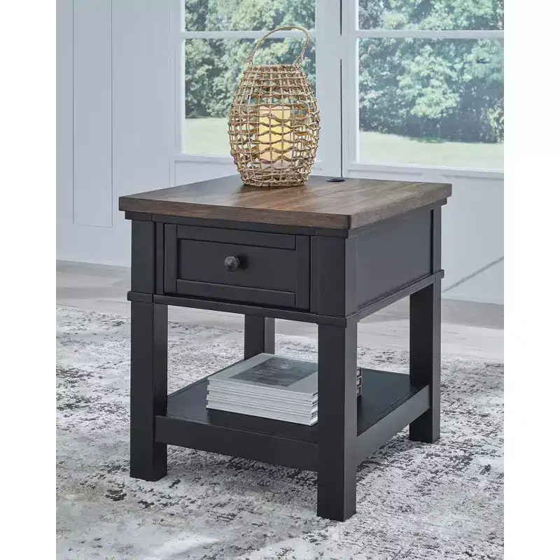 Rectangular One Drawer End Table with USB Charging, Black