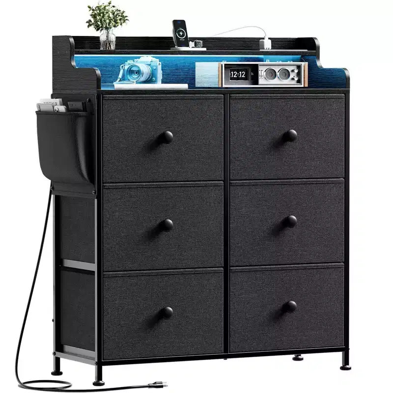 Hausource 6 Drawer Dresser with Charging Station, LED Lights, Tall Storage Chest with Wooden Top