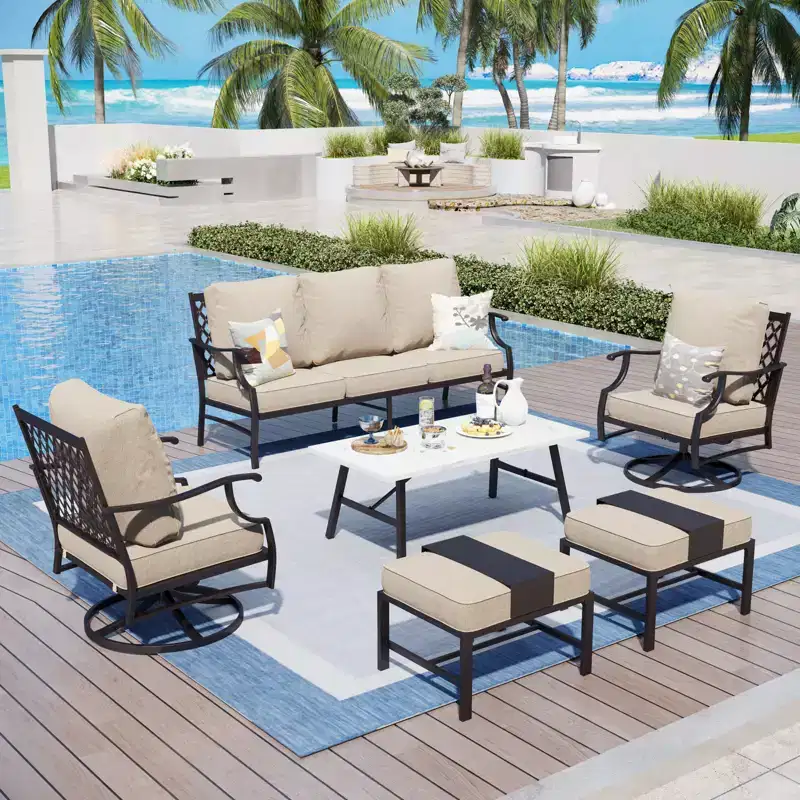 Captiva Designs 6pc Metal Patio Outdoor Conversation Set with Swivel Grid-back Chairs, Ottomans and Coffee Table