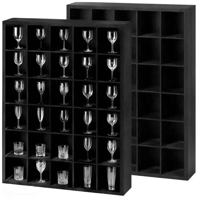 2 Pcs Shot Glass Display Case, Black Wooden Shot Glass Shelf with Removable Shelves, Wall Mounted Shadow Box Thimble Display Case, 30 Slots