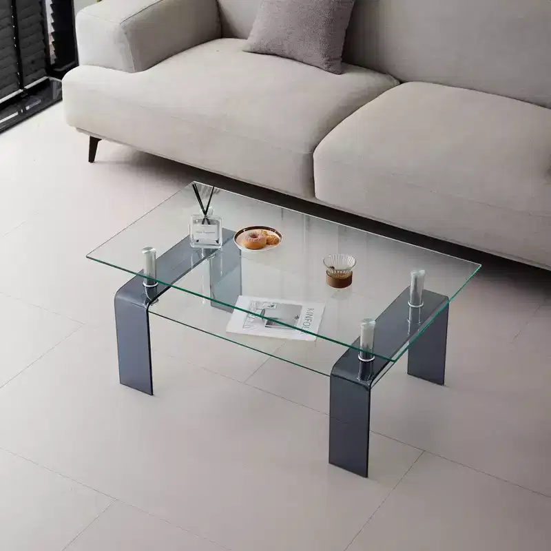 Tempered Glass Coffee Table, 2-Tier Modern Center Table with Storage and Smoke Gray Legs for Living Room