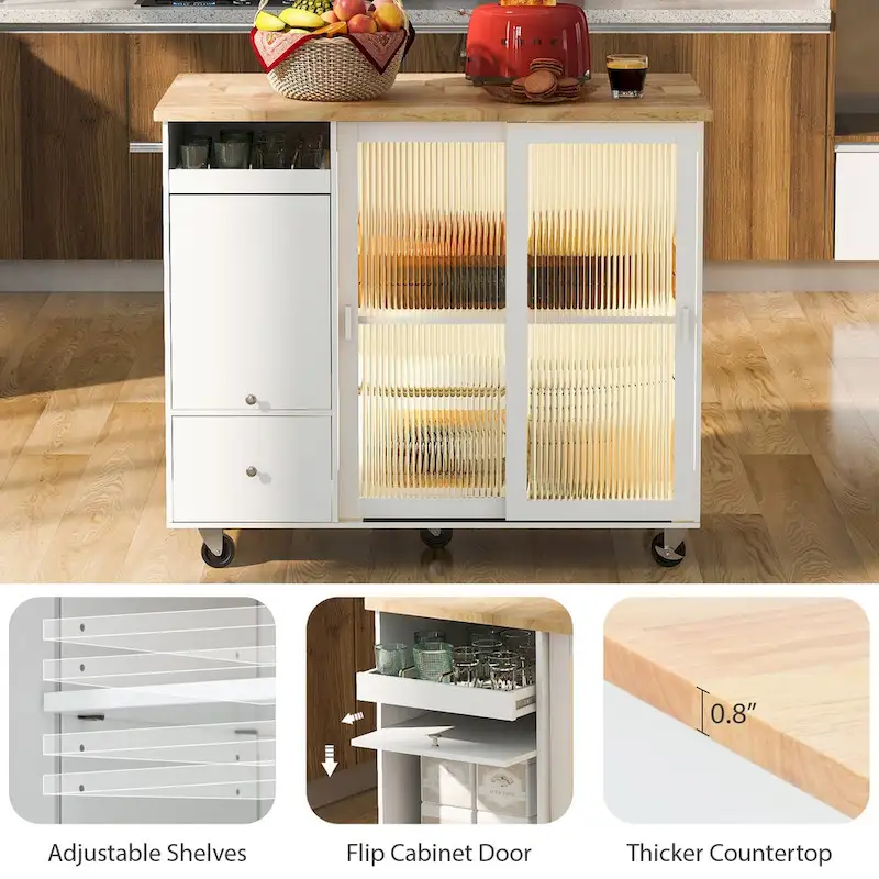 Kitchen Island with Drop Leaf, LED Light Kitchen Cart on Wheels