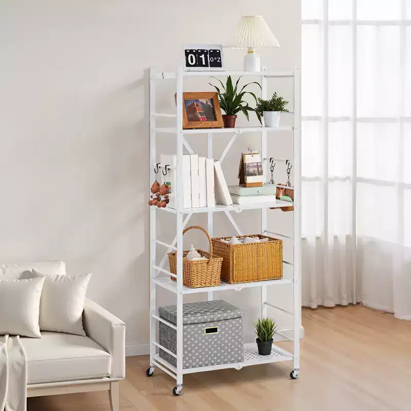 VEVOR 5-Tier Foldable Storage Shelf, 28 W x 15D x 64H Inch Folding Metal Rack Shelving Unit, No Assembly Organizer Shelf with 5 Wheels&4 Hooks,White
