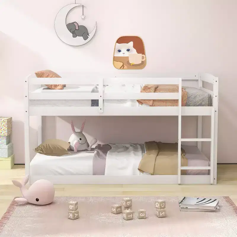 Costway Twin over Twin Low Bunk Bed with Guardrails Integrated Ladder Kids Wooden Grey/White/Beige/Pink