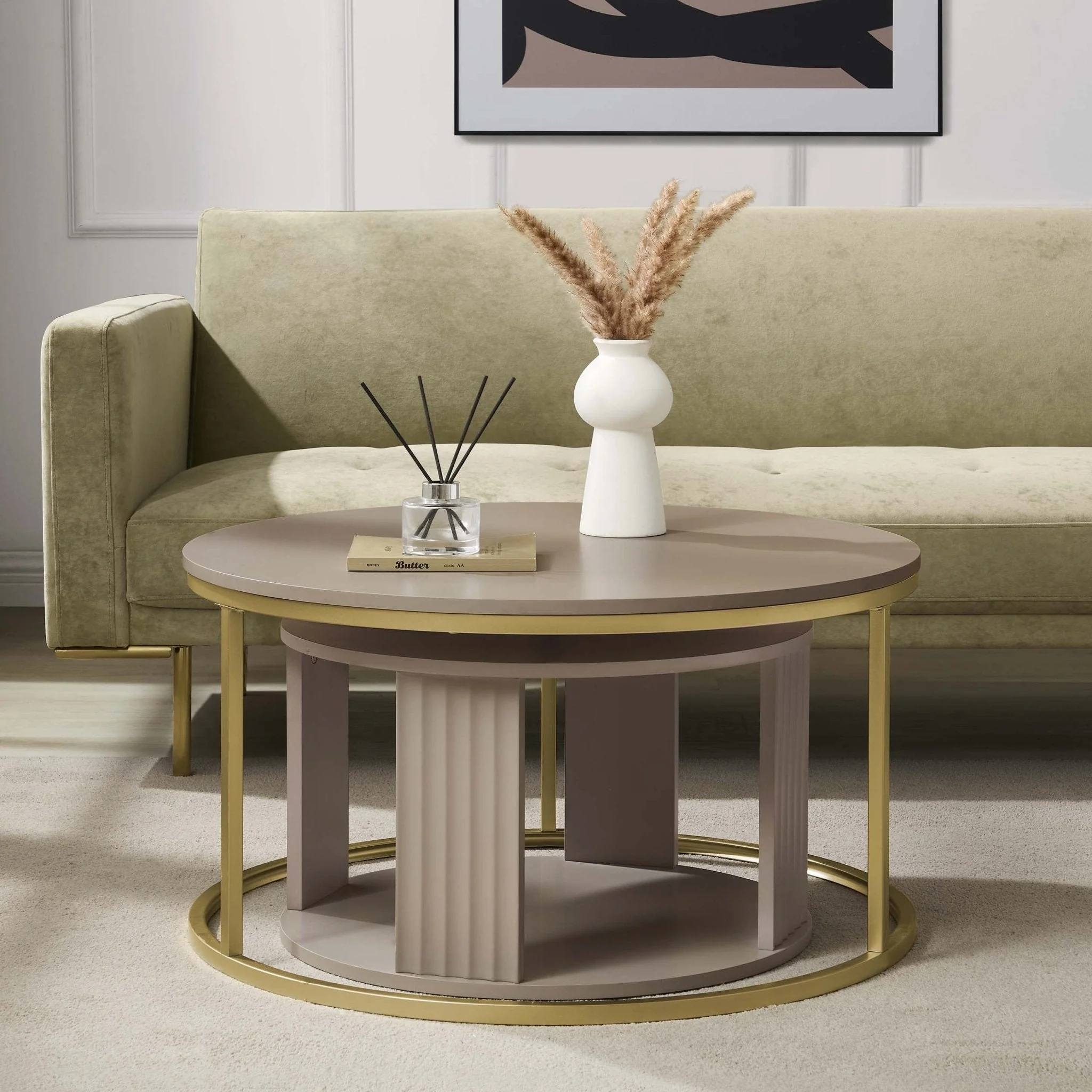 Modern Taupe Painted Coffee Table with Gold Accents for Living Room