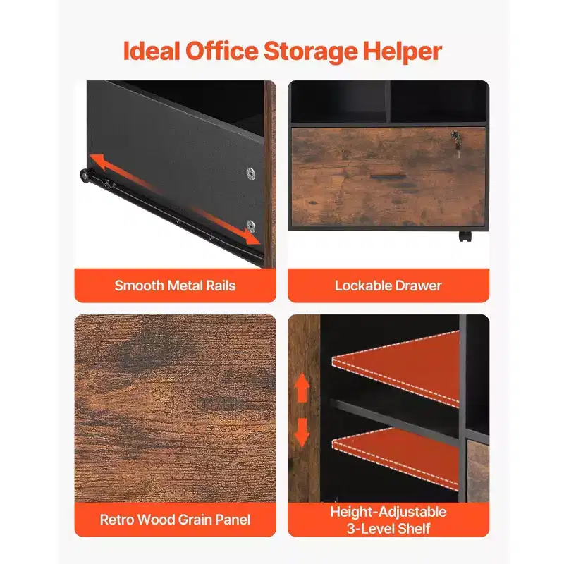 Mobile Wood File Cabinet with Open Shelves Locking Drawer Rolling Printer Stand Rustic Brown