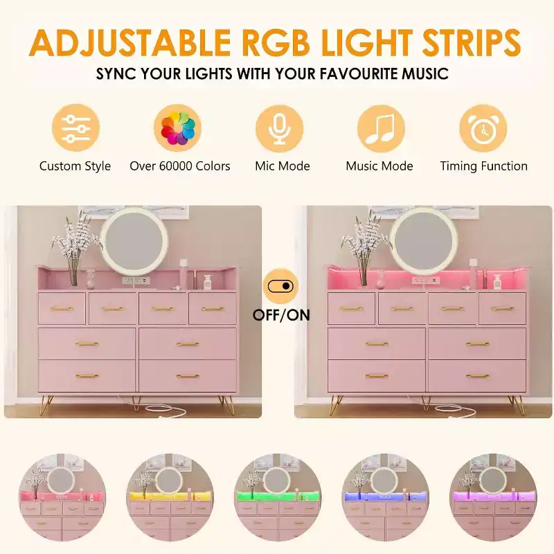 Pink 8-Drawer Dresser with Charging Station, RGB LED Lights, Wide Floor Chest for Bedroom, Makeup Vanity or Gaming Setup