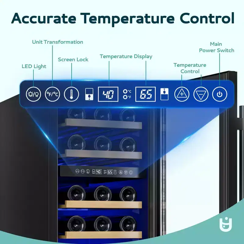 EUHOMY 3.2 cu. ft.(30 Bottles) Wine Fridge, Digital Temperature Control&Wood Shelves, Dual Zone, Stainless Steel, Double-Layer Glass Door, Black