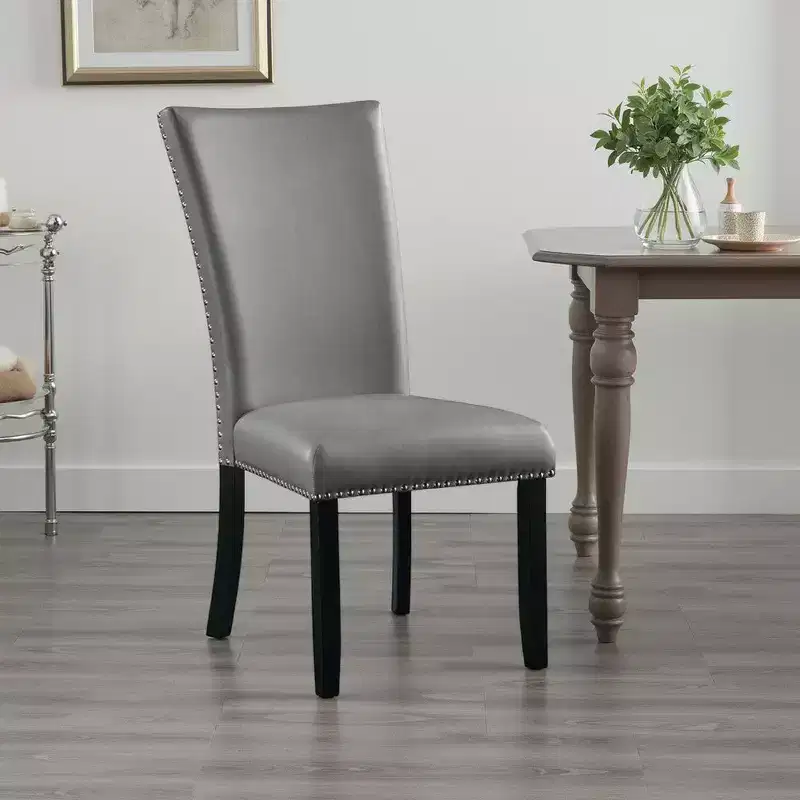Side Dining Chair Set of 2, Gray Faux Leather, Nailhead Trim