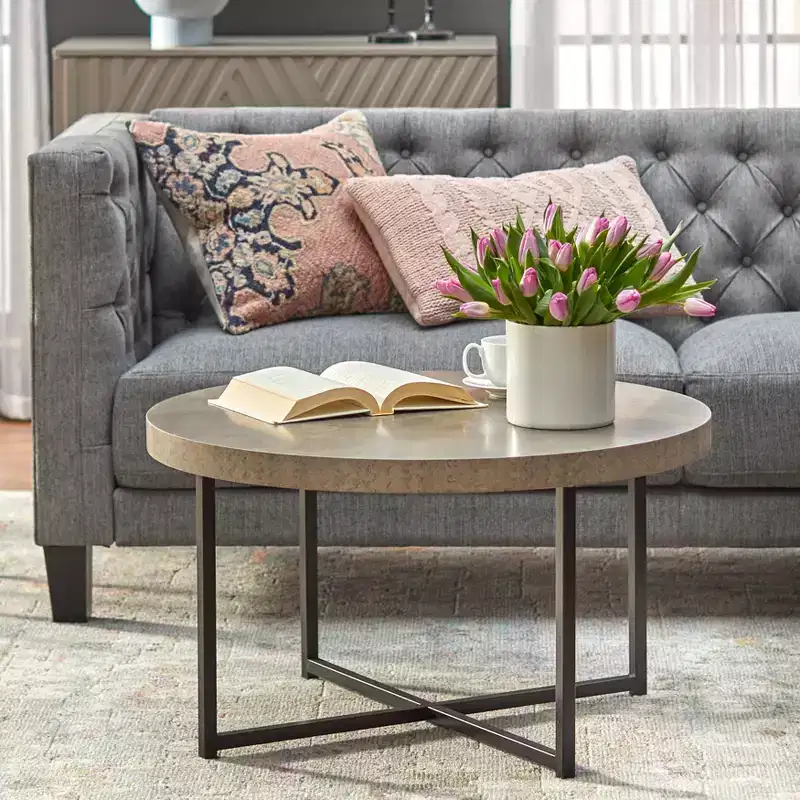Gray & Black Round Coffee Table, Metal Frame, 1-Person