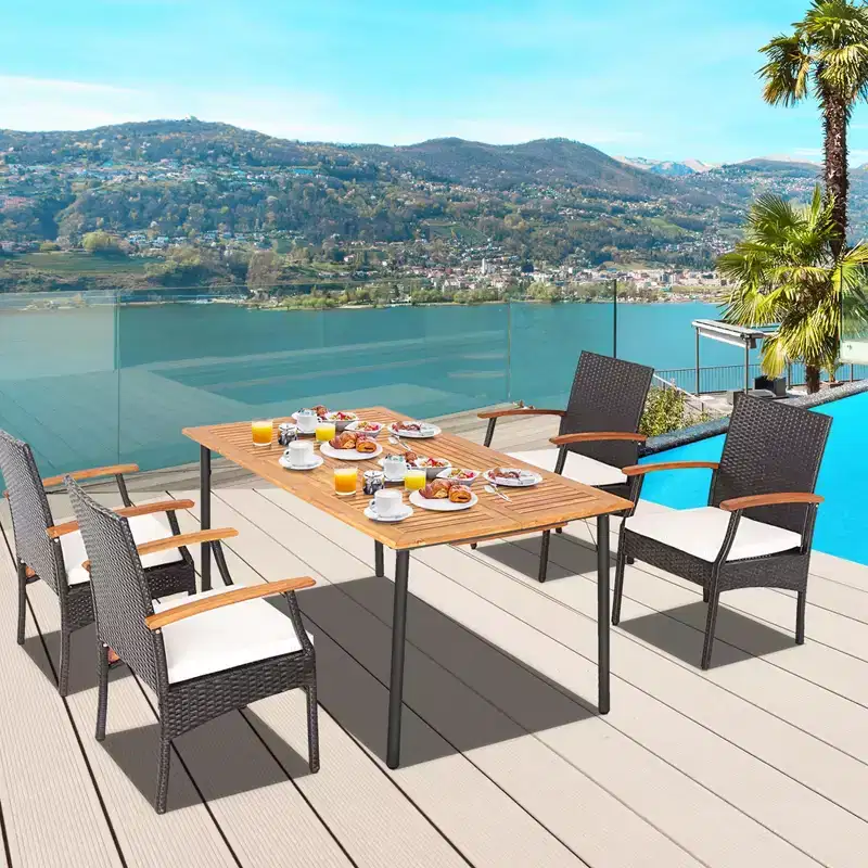 Costway 5PCS Patio Wicker Dining Set Cushion Acacia Wood Armchairs Table with Umbrella Hole