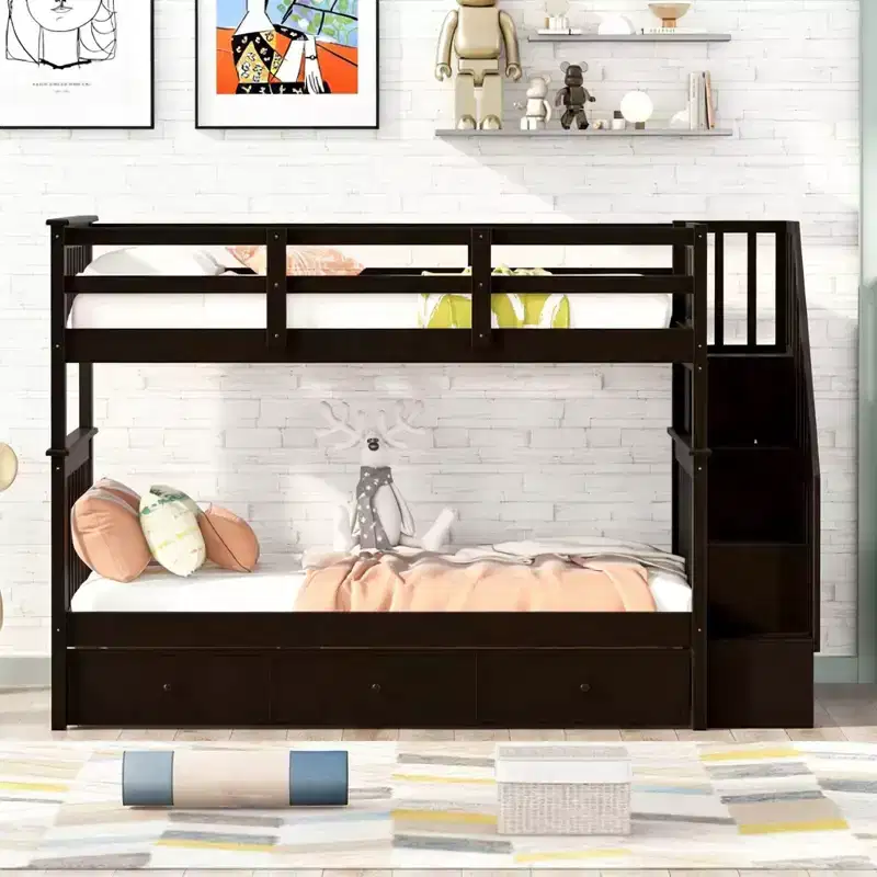Twin Over Twin Bunk Bed with 3 Drawers and Shelves for Apartment and Dorm