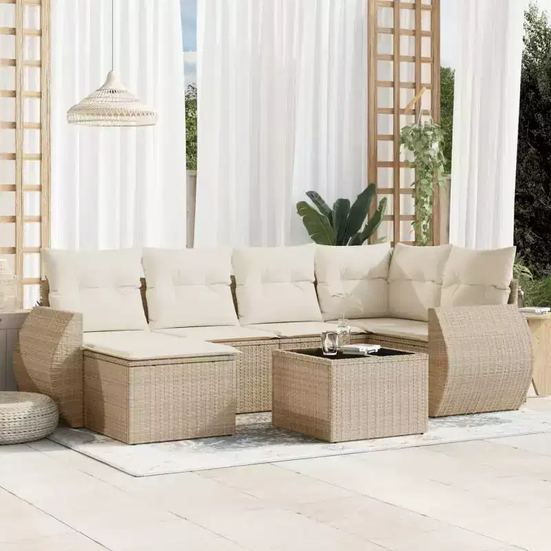 vidaXL 7 Piece Patio Sofa Set with Cushions Beige Poly Rattan
