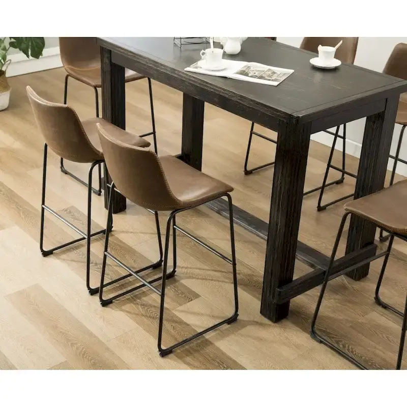 Roundhill Furniture Lotusville 7-PC Antique Black Wood Table with Faux Leather Barstools