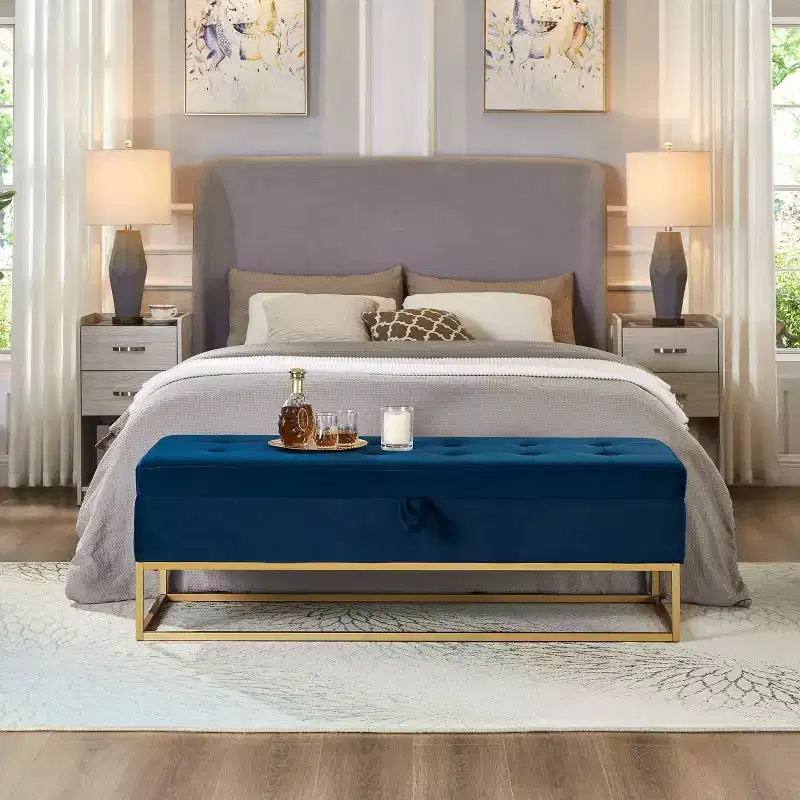 MAYEERTY 58.6 Storage Bed Bench, Uphollstered Bench with Metal Base for Bedroom Living Room Hallway Blue