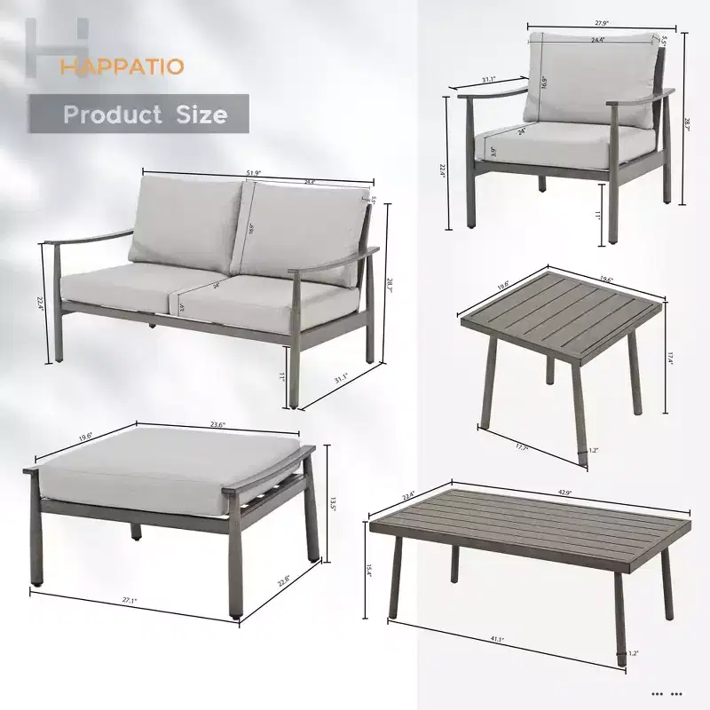 HAPPATIO 7 Pieces Aluminum Outdoor Conversation Set Includes 1 Loveseat, Coffee Table, Side Table, 2 Armchairs and Ottomans