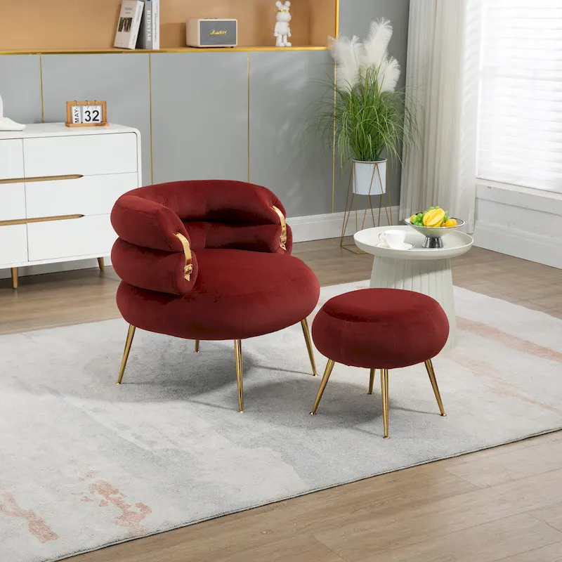 Velvet Barrel Accent Chair with Matching Ottoman, Metal Frame, 250 lb Capacity