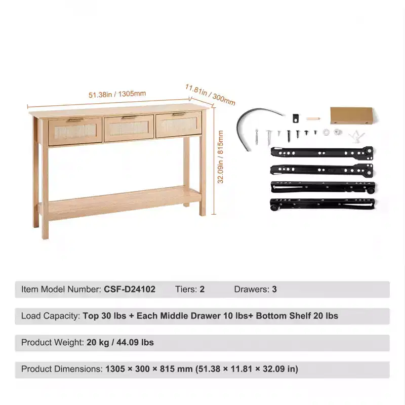 Rattan Console Table with 3 Drawers and Bottom Shelf Narrow Entryway Sofa Table 51.38 in Beige