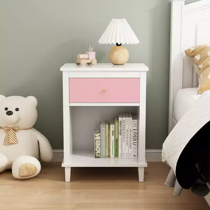 TUYOHW 26.77H Wood Nightstand with Drawer & Open Shelf,Bedside Table with Metal Handles for Kids,Adults,Bedrooms