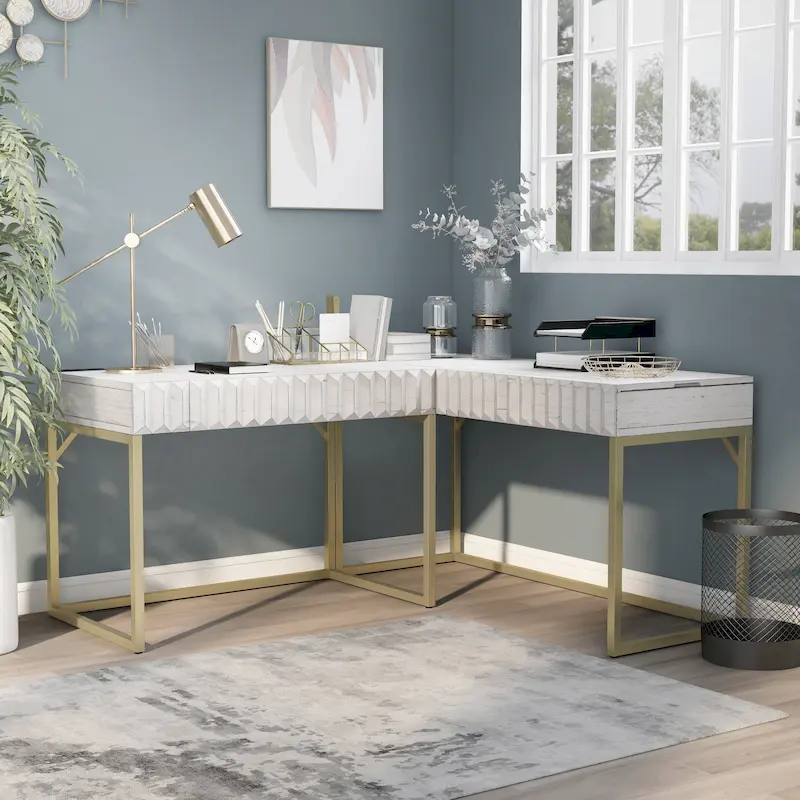 Bird Glam Metal Lift-top L-Shaped Computer Desk with USBs