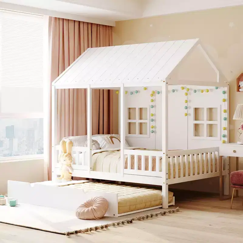 Whisen Full Size Wood House Bed With Twin Size Trundle, Wooden Daybed