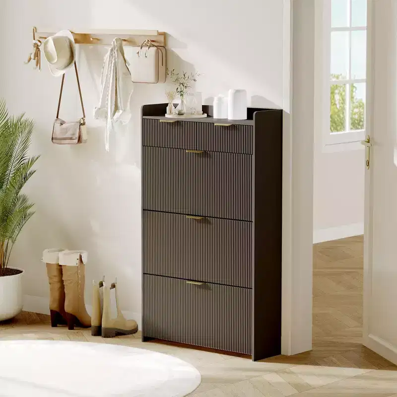 Modern Fluted Shoe Storage Cabinet  3 Flip Drawers + 2 Open Drawers, Slim Space-Saving Organizer for Entryway/Hallway (1-Piece)