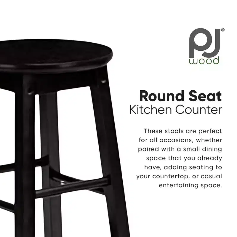 PJ Wood Classic Round-Seat 29 Inch Tall Kitchen Counter Stools for Homes, Dining Spaces, and Bars with Backless Seats, Square Legs, Natural, Set of 2