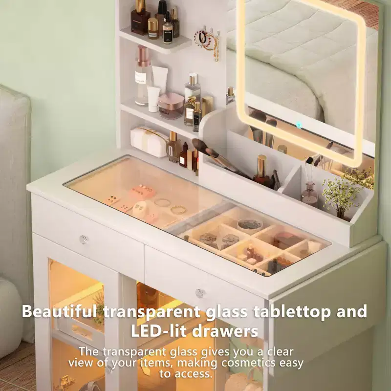 Okak Modern Vanity Table with Mirror & LED Lights,Small Dressing Desk with Big-capacity Storage,Makeup Table for Bedrooms