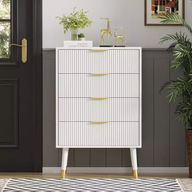 4-Drawer Fluted Dresser with Gold Handles & Metal Legs, Modern Bedroom Chest, Black/White
