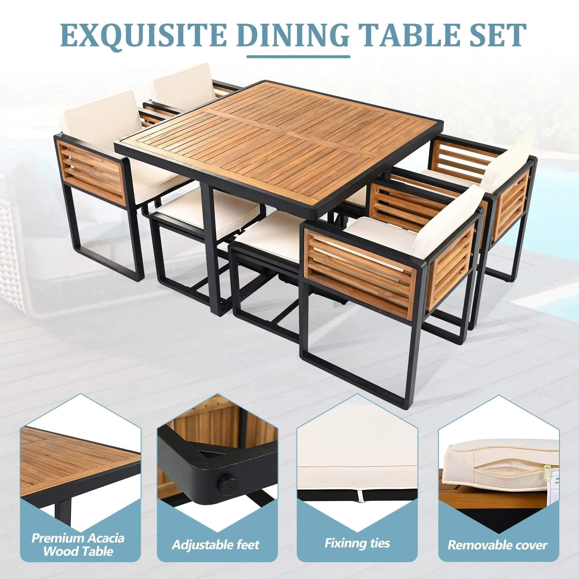 18-Pieces Acacia Wood Patio Dining Set, 8 Cushioned Chairs & 8 Ottomans & 2 Square Table