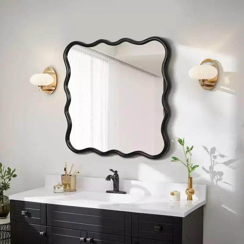 Wavy Wall Mounted Mirror with Wooden Beveled Edge, Hangs Horizontally or Vertically, Ideal for Bathroom, Dressing Table or Living Room Decor