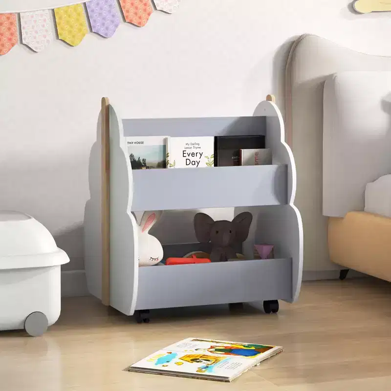 Kids Wooden Bookshelf with Wheels, 2-Tier Double-Sided, Grey/Natural