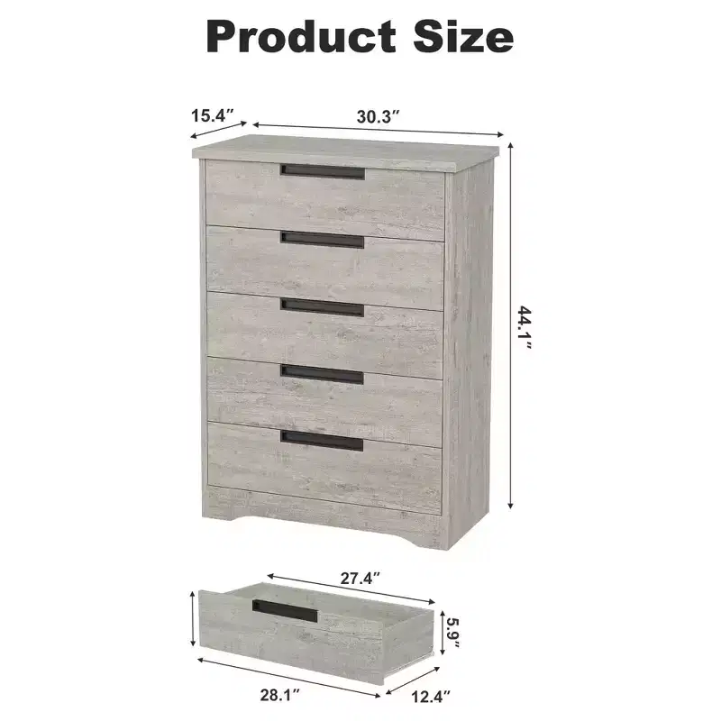 5 Drawer Dresser for Bedroom, Gray Chest of Drawers with Embedded Handles, Wooden Dresser Organizer for Living Room, Nursery, Hallway and Entryway