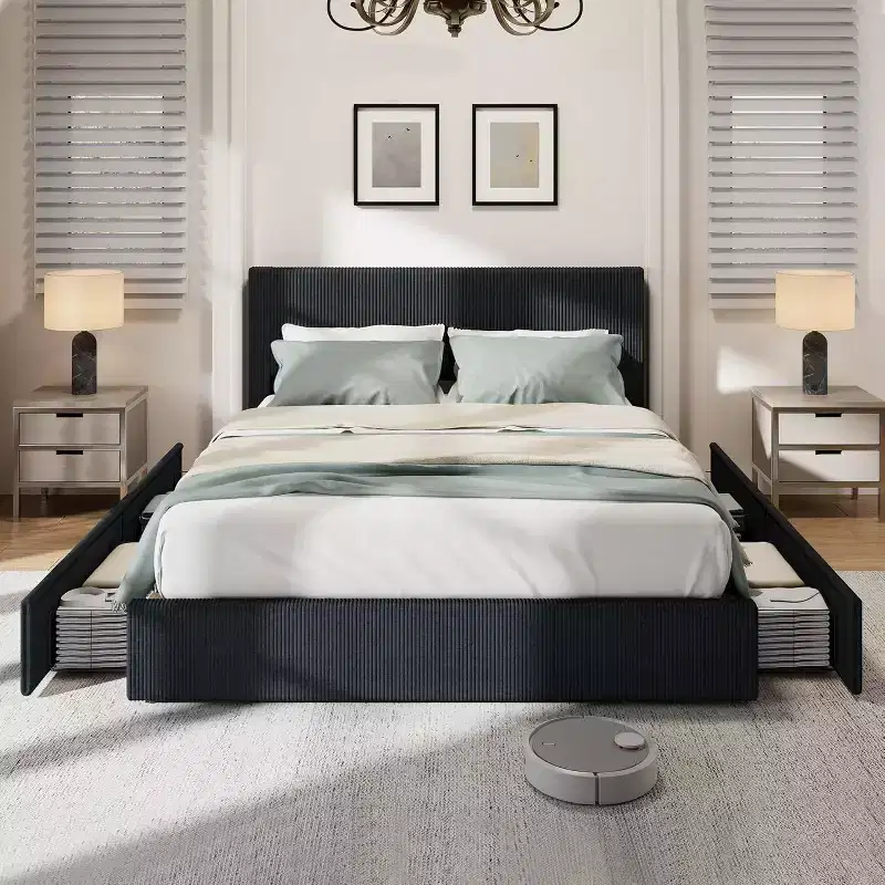 Acekool Corduroy Bed Frame with Headboard, Upholstered Platform with 4 Storage Drawers, Wood Slat Support, No Box Spring Needed