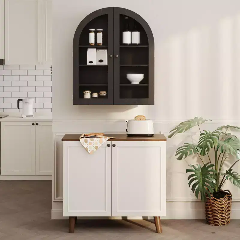 Arched Wall Cabinet with Glass Doors & Adjustable Shelves, Wall Mounted Storage Cabinet for Bathroom Kitchen Laundry Room