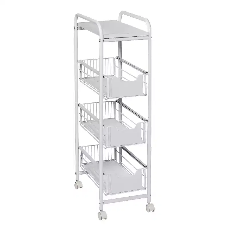 4-Tier Slim Rolling Storage Cart with 3 Pull-Out Drawers & Locking Wheels