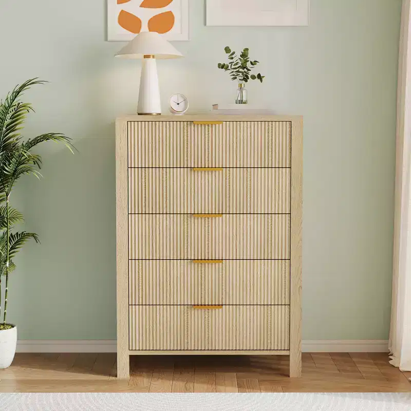 Small Spaces, Fluted 5 Drawer Dresser Modern Farmhouse Wooden Chest for Bedroom