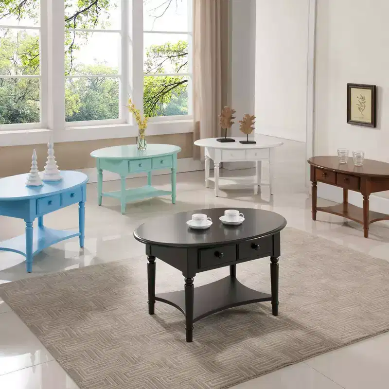 Leick Home Coffee Table White: Oval Rubberwood, 36" Width, Living Room Furniture with Storage Shelf